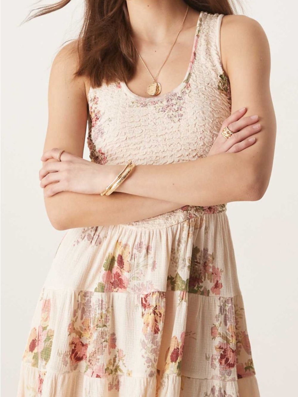 Sleeveless Vintage Floral Cream Tiered Dress